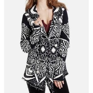 Free People Womens Cardigan M Mandella Intarsia Black White Frayed Knit Sweater
